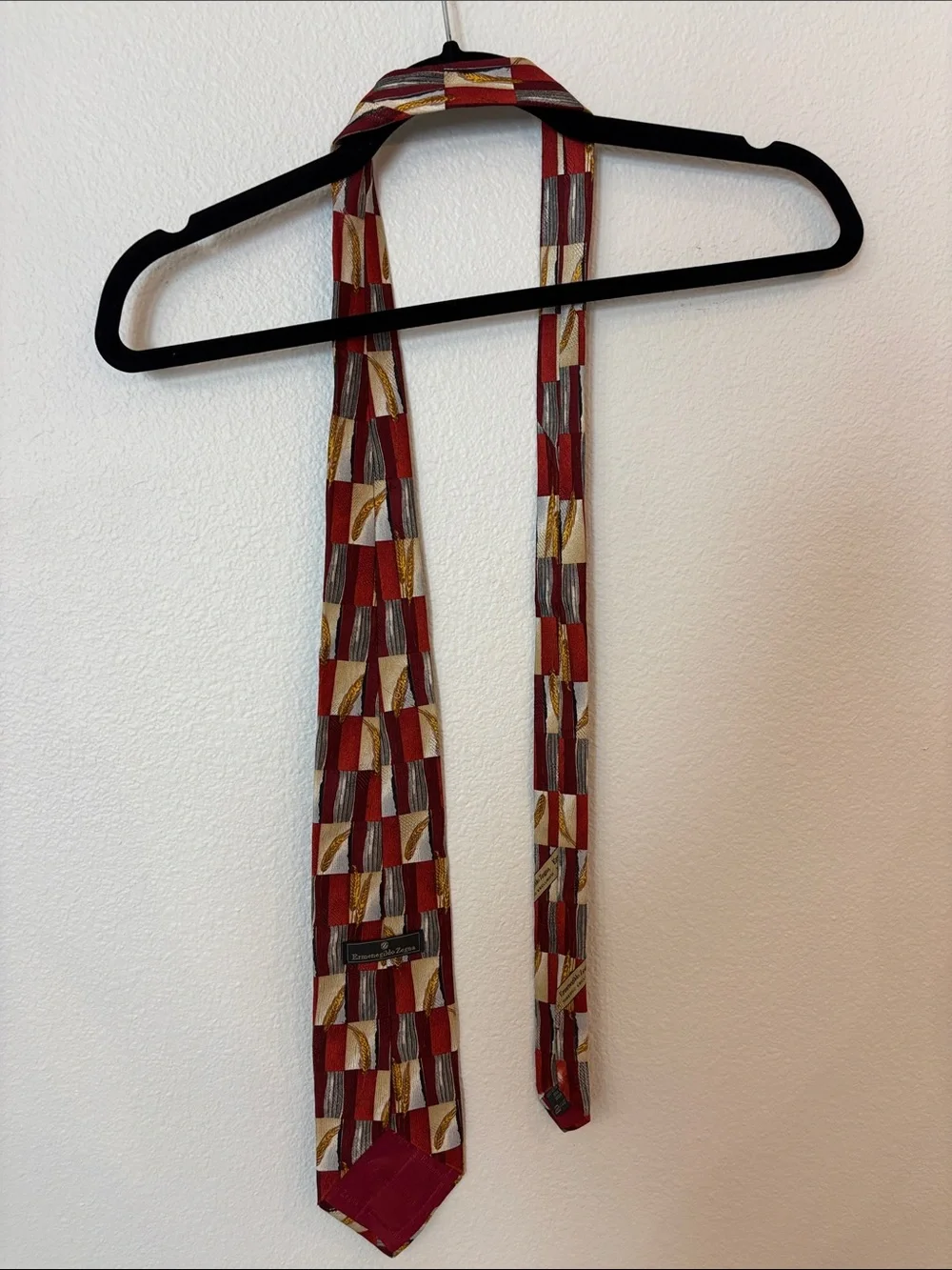 Ermenegildo Zegna Red, Gold and Cream Checkerboard Wheat-Print Silk Tie